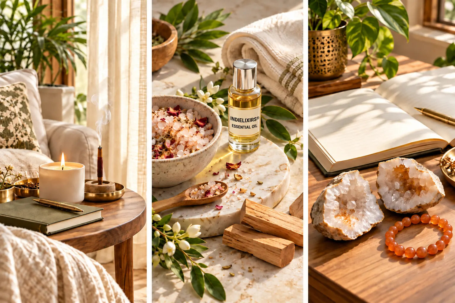 Editorial concepts spanning candlelight and dhoop, aromatic oils and salts, and crystal objects with a bracelet