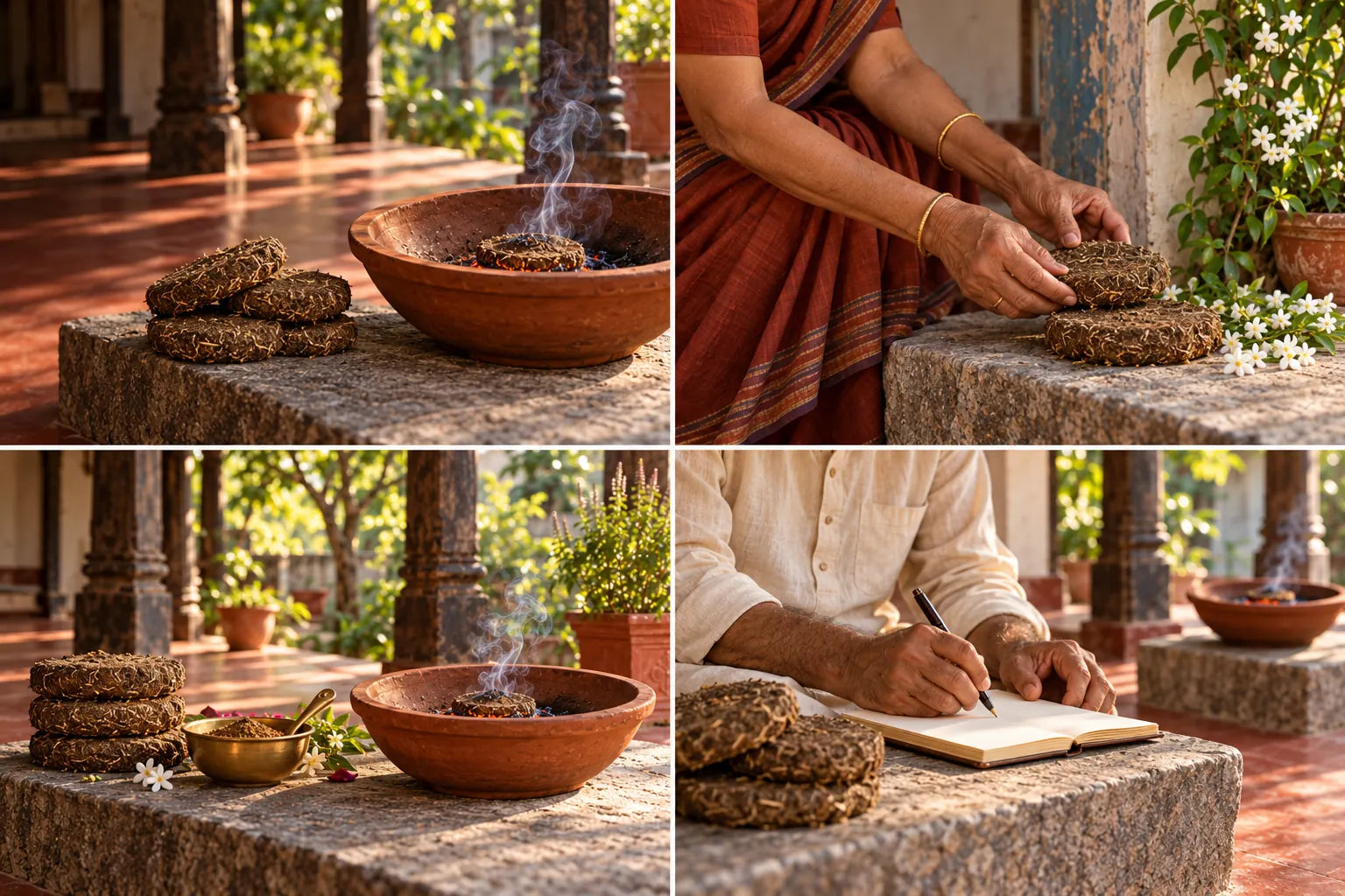AGNI cow dung disc glowing in a stable terracotta fire vessel in an open courtyard