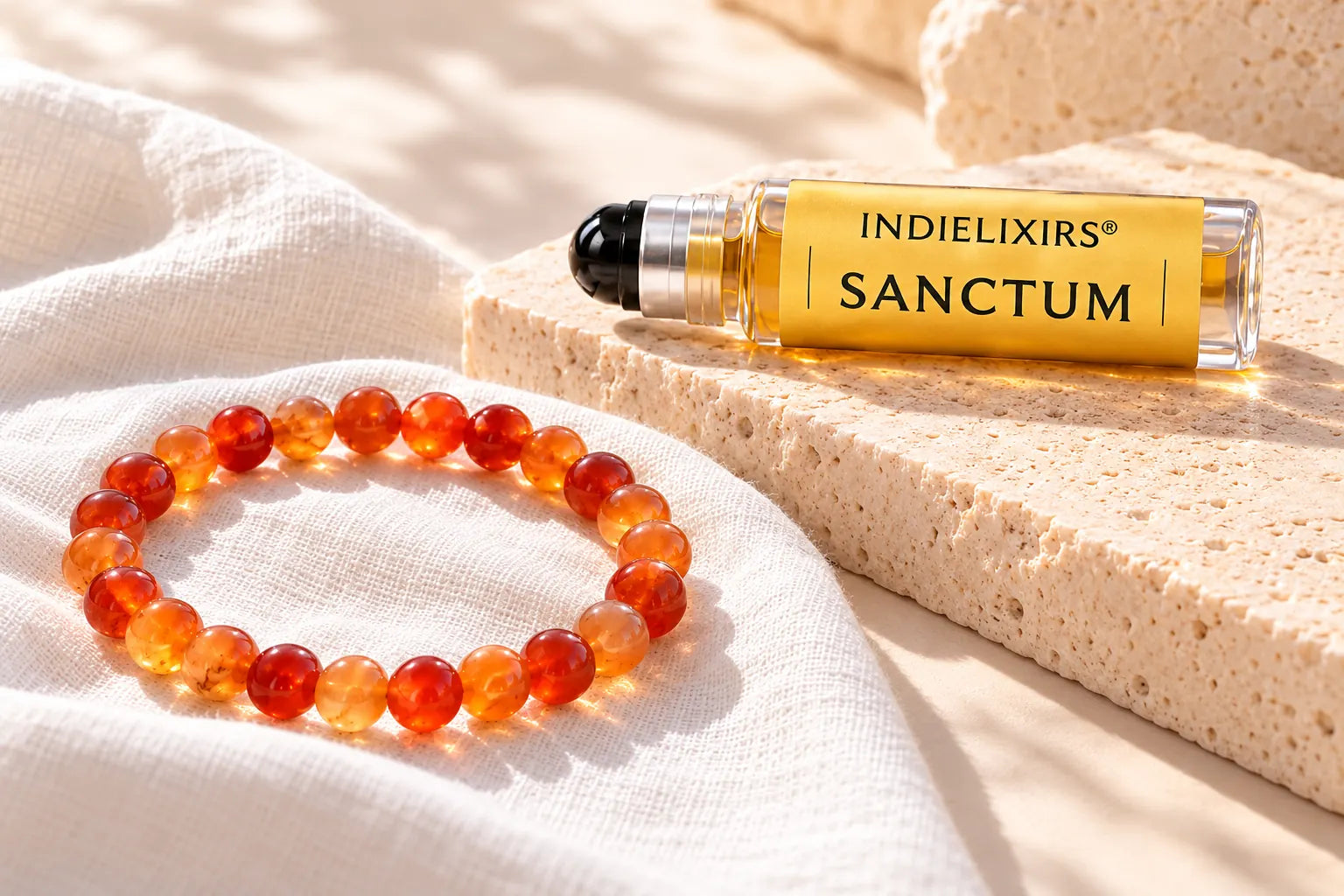Orange Carnelian bracelet beside the clear glass SANCTUM roller with a gold label, silver collar and black roller ball