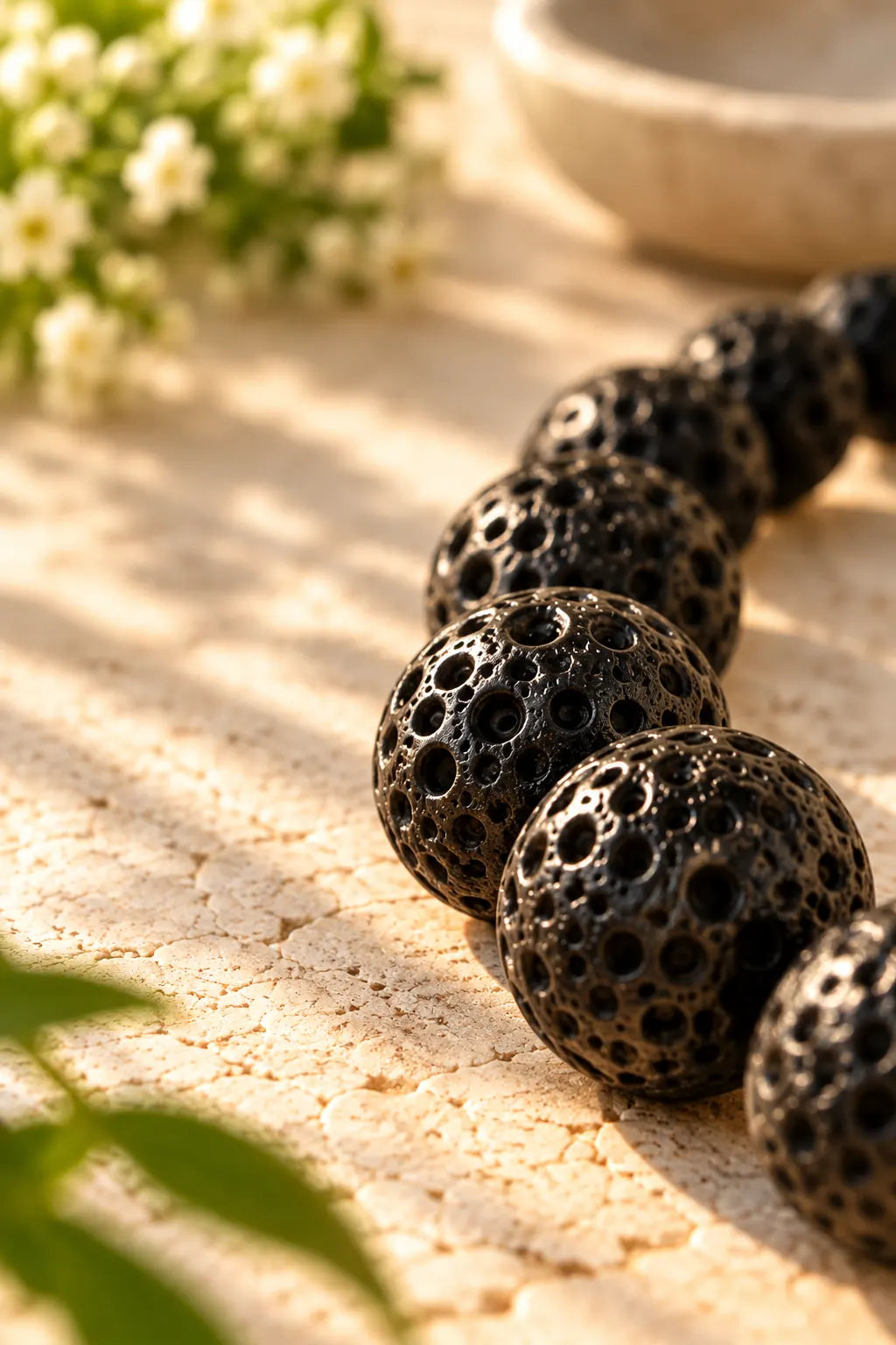 Close-up of textured black lava beads