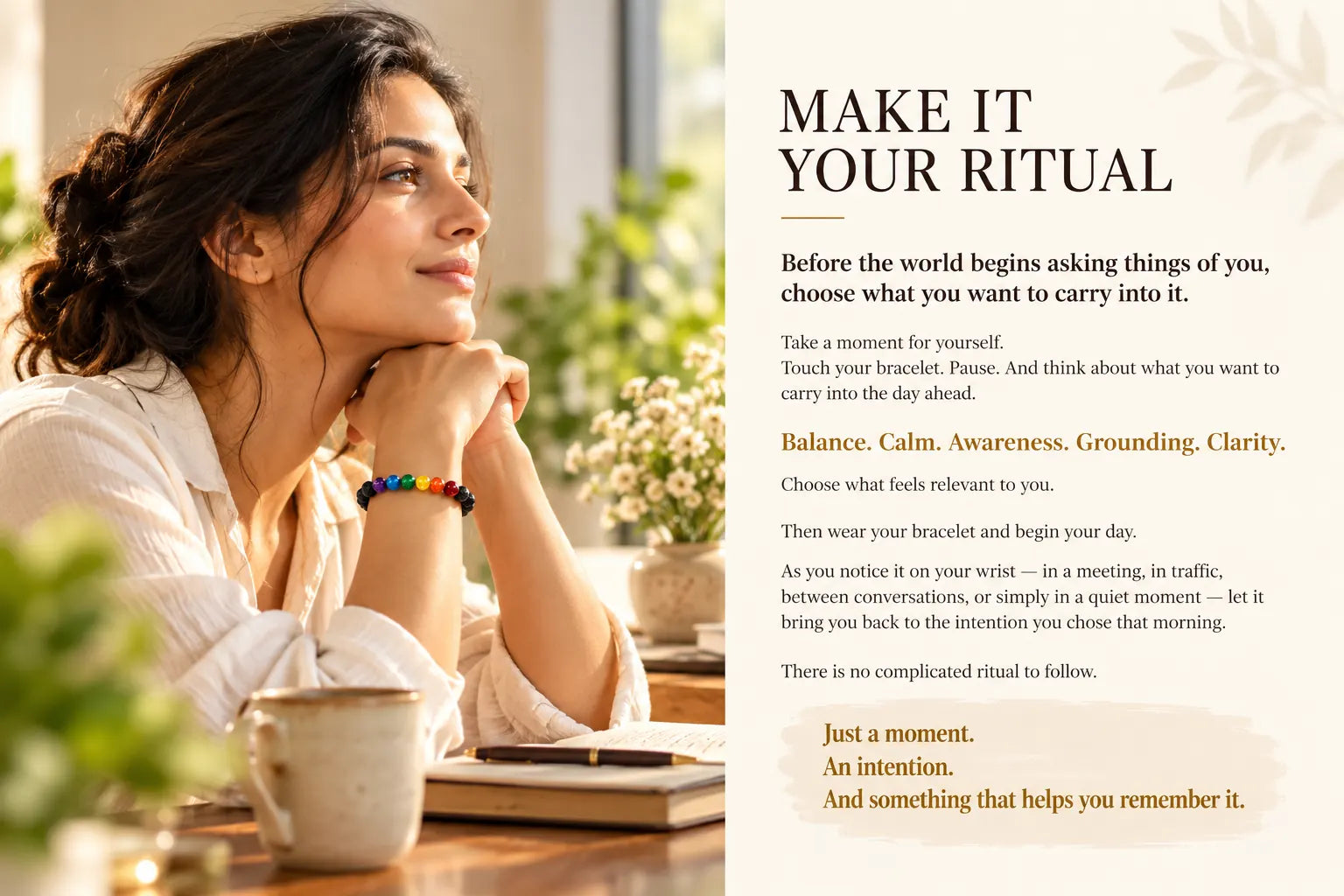 Quiet morning moment with a woman wearing a Seven Chakra and Lava bracelet