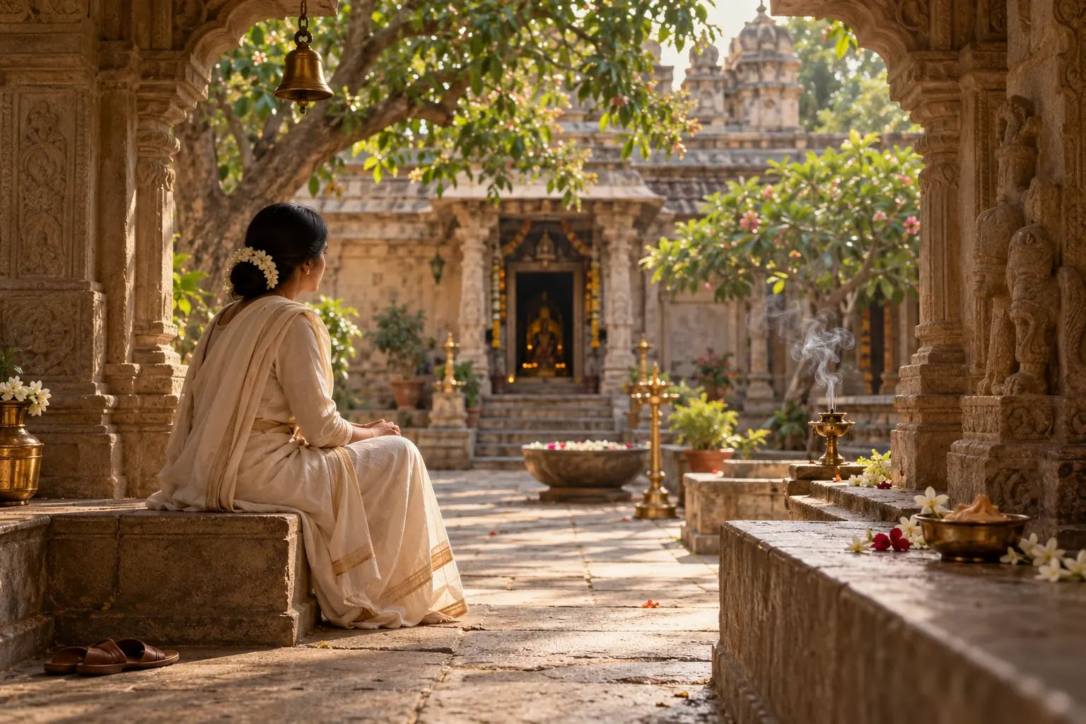 A visitor pausing in a quiet temple courtyard