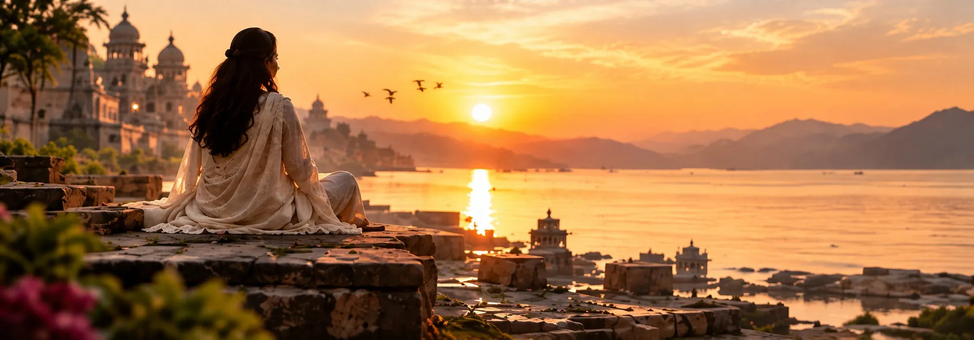 Woman seated quietly beside the water at sunset