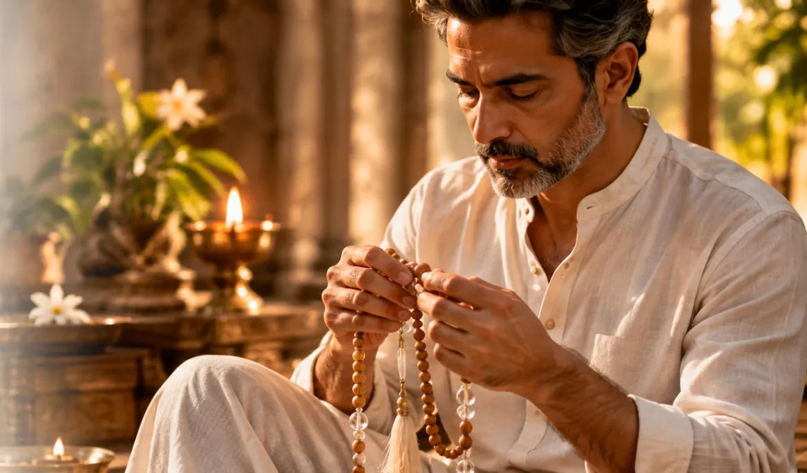 Man quietly using a Chandan and Crystal japa mala