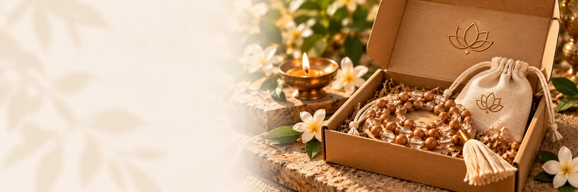 INDIELIXIRS Chandan Crystal Japa Mala presented in a corrugated gift box with pouch, diya and flowers