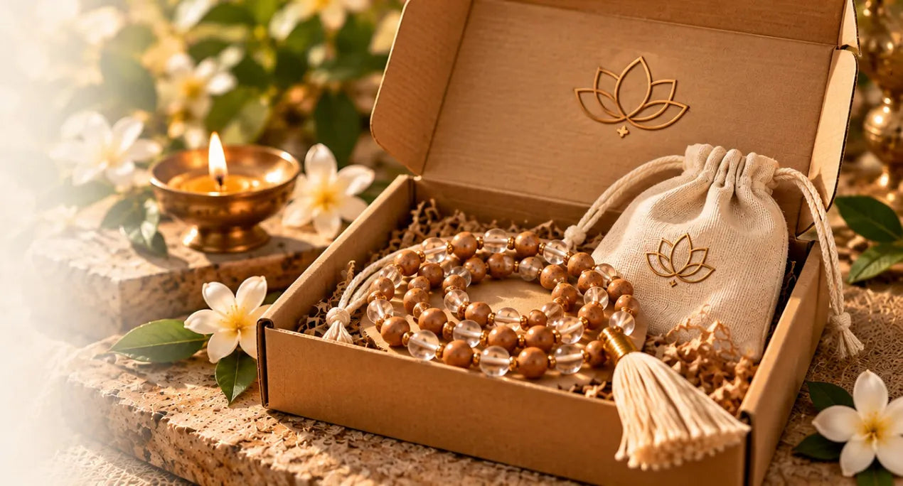 INDIELIXIRS Chandan Crystal Japa Mala gift presentation