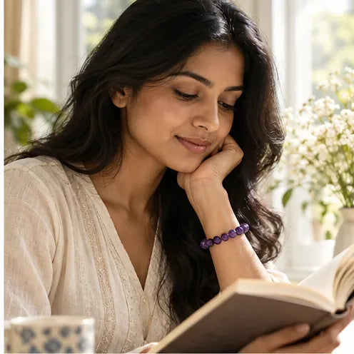Woman wearing an amethyst bracelet while reading