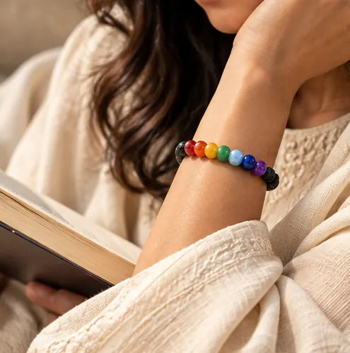 Woman wearing bracelet while reading