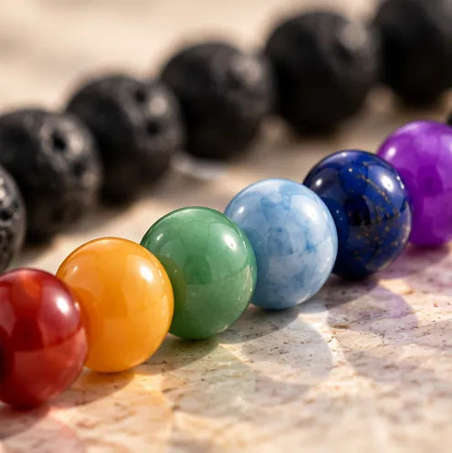 Close up of rainbow sequence of beads