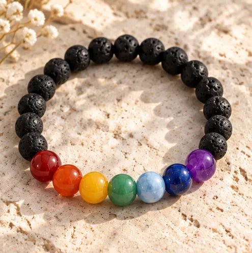 Bracelet with seven colour beads and textured black lava beads