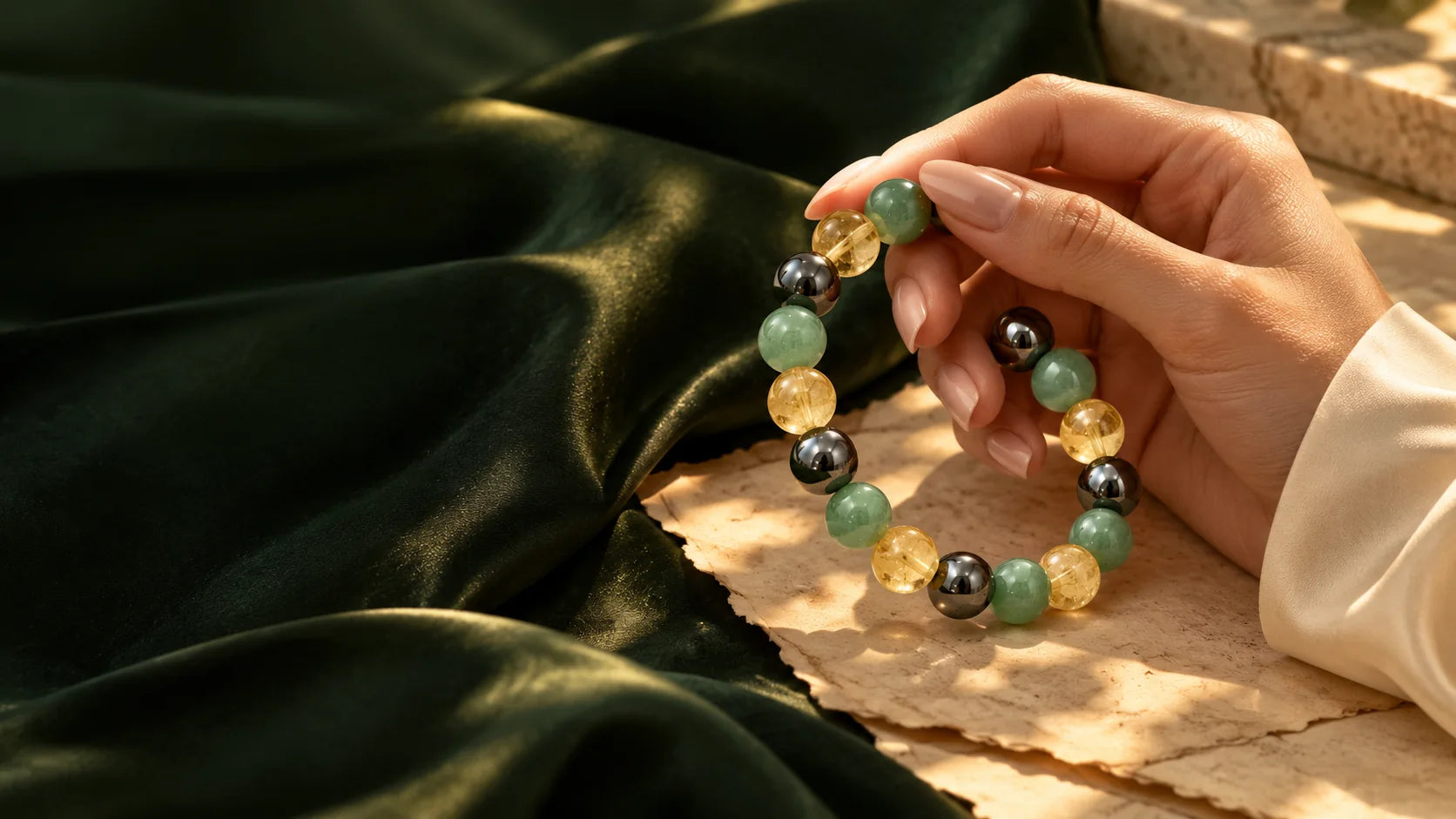 Woman holding the INDIELIXIRS® inspired Wealth Bracelet above dark green silk