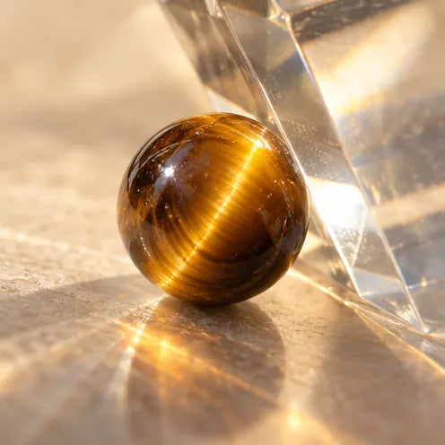Close-up Tiger Eye bead lit through a glass prism