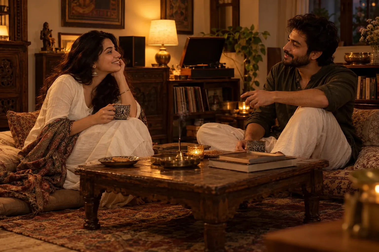 Two friends enjoying an evening with music and tea