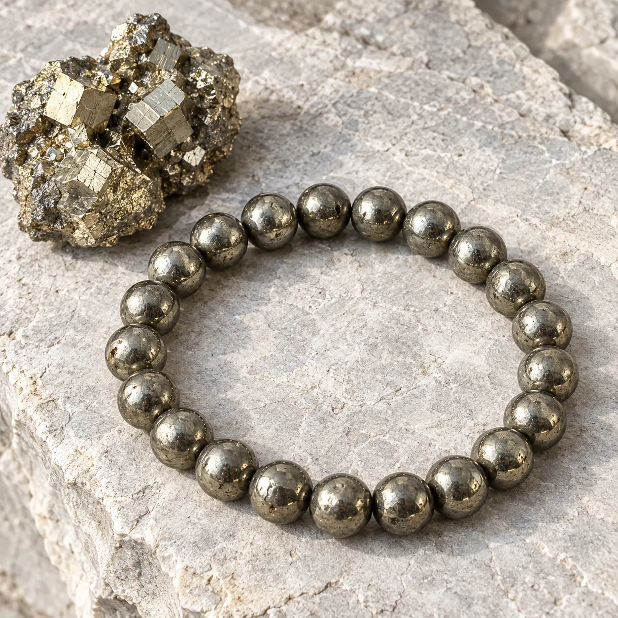 A polished metallic Pyrite bead bracelet beside a raw cubic Pyrite cluster on pale stone