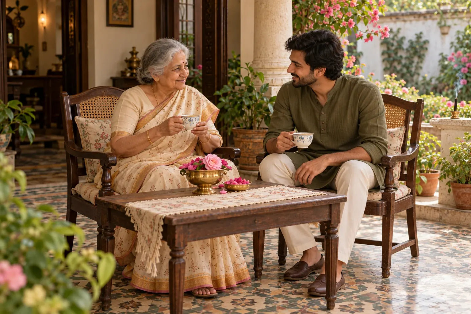 Grandmother and her adult grandson sharing tea on an Indian verandah