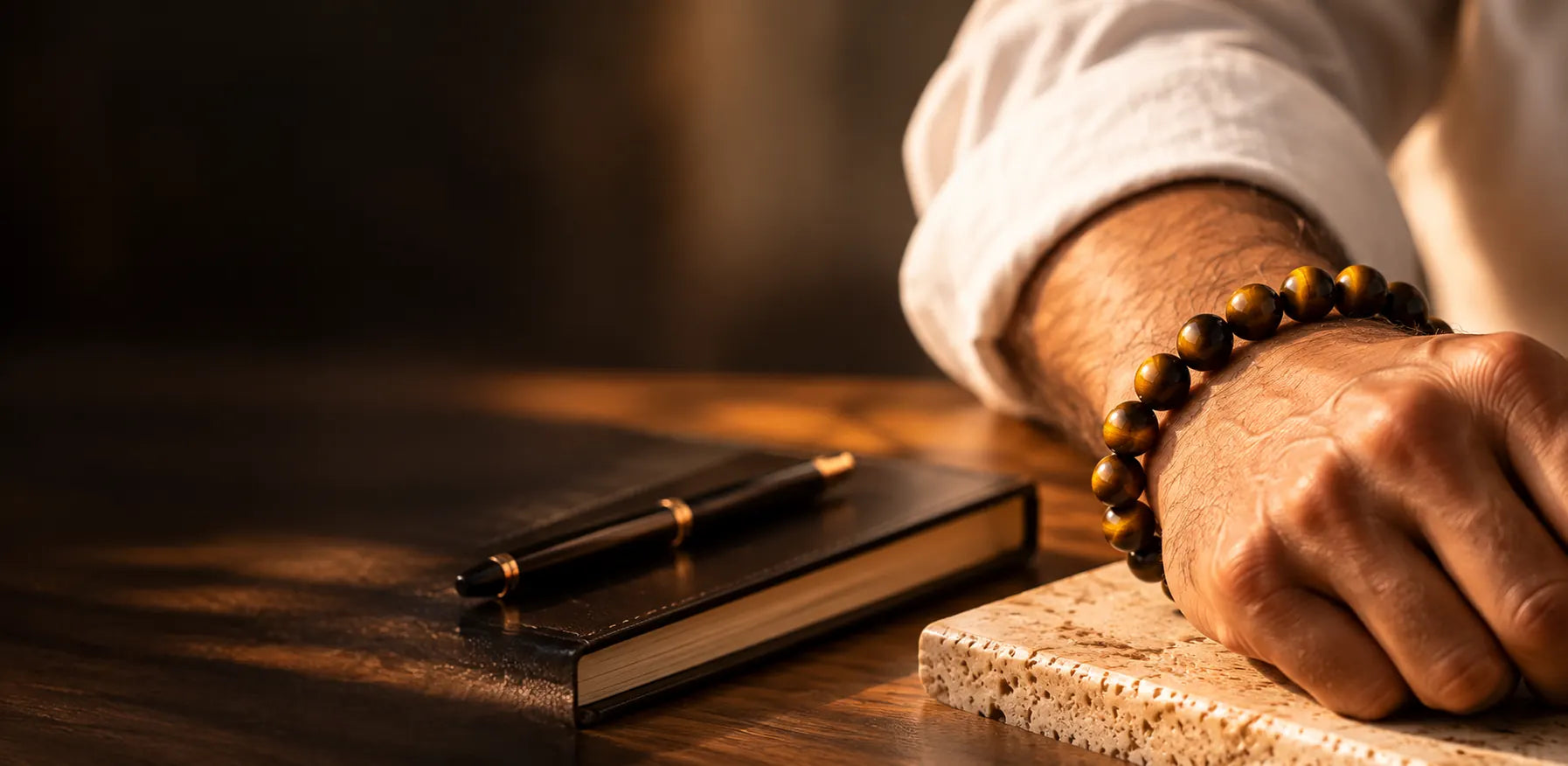 Golden-brown Tiger Eye bead bracelet worn on a wrist beside a notebook