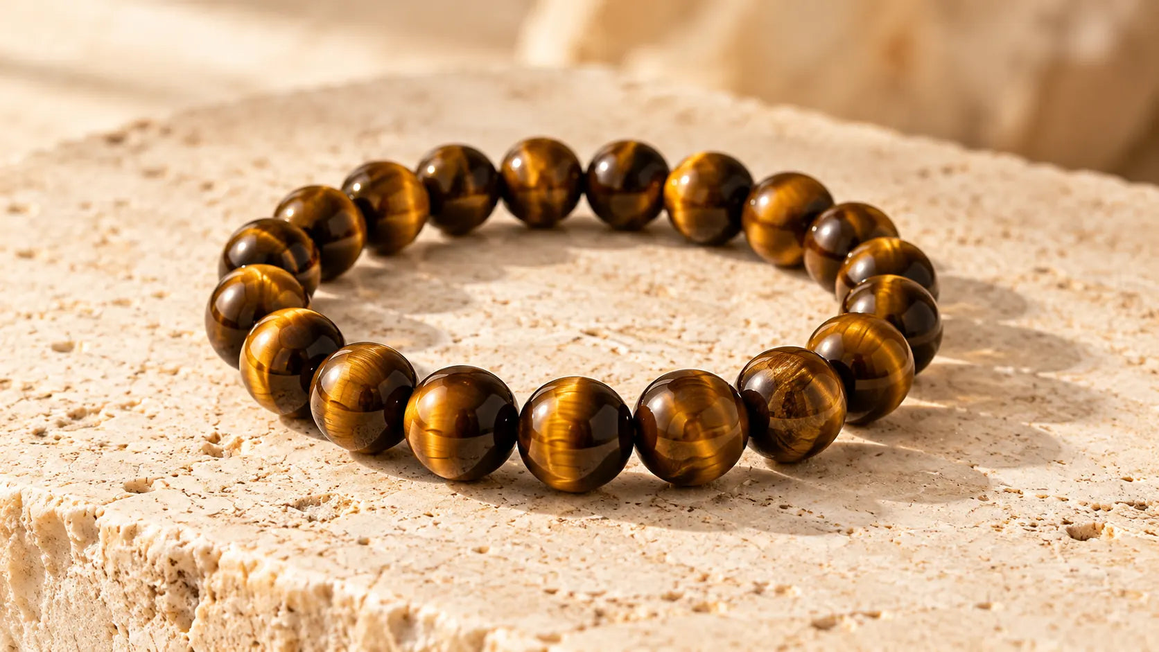 Complete bracelet made only of polished golden-brown Tiger Eye beads on ivory stone