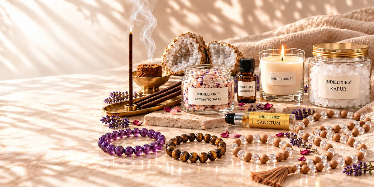 INDIELIXIRS bracelets, Chandan Crystal Ganthan Mala, aroma oils, aromatic salts, dhoop, cow dung cake, glass-jar candle, kapur PET jar and Inner World geodes