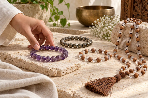 Amethyst, pyrite and alternating sandalwood and clear quartz bracelets