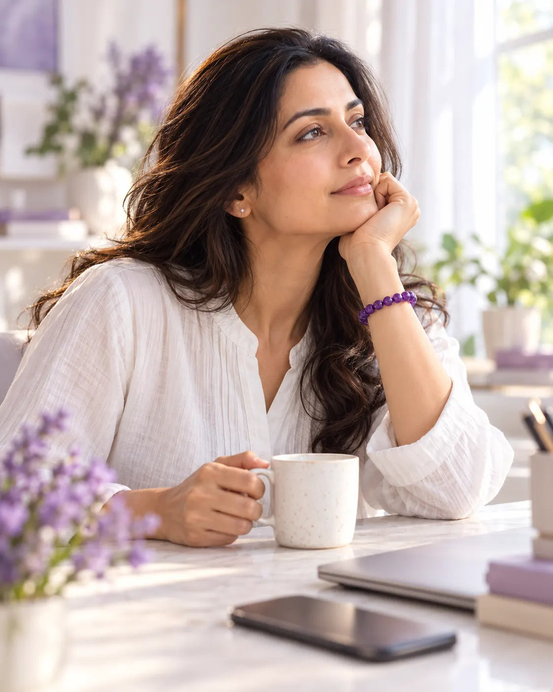 An Indian woman taking a quiet pause beside a window, wearing a purple amethyst bracelet, with her laptop closed and phone face-down