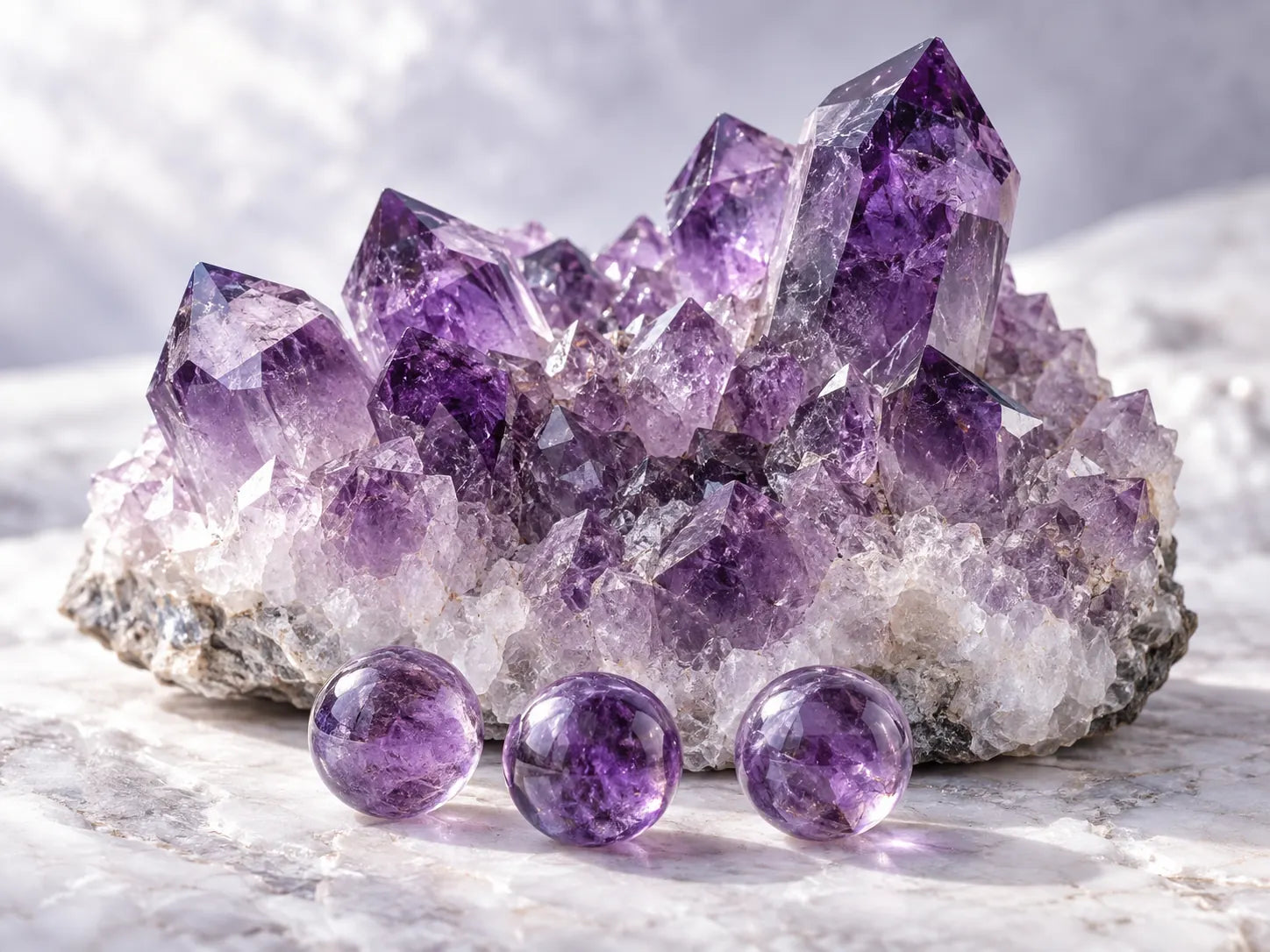 Close-up of violet amethyst crystal points with three polished purple beads on pale stone