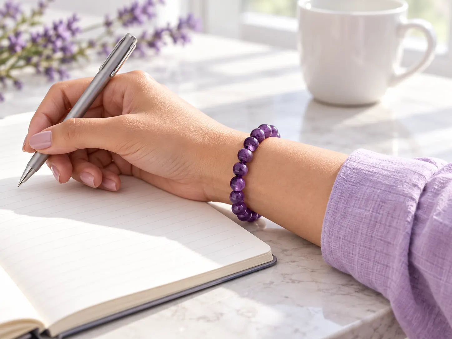 A hand wearing a purple amethyst bracelet pauses with a pen above an open notebook on a bright white desk