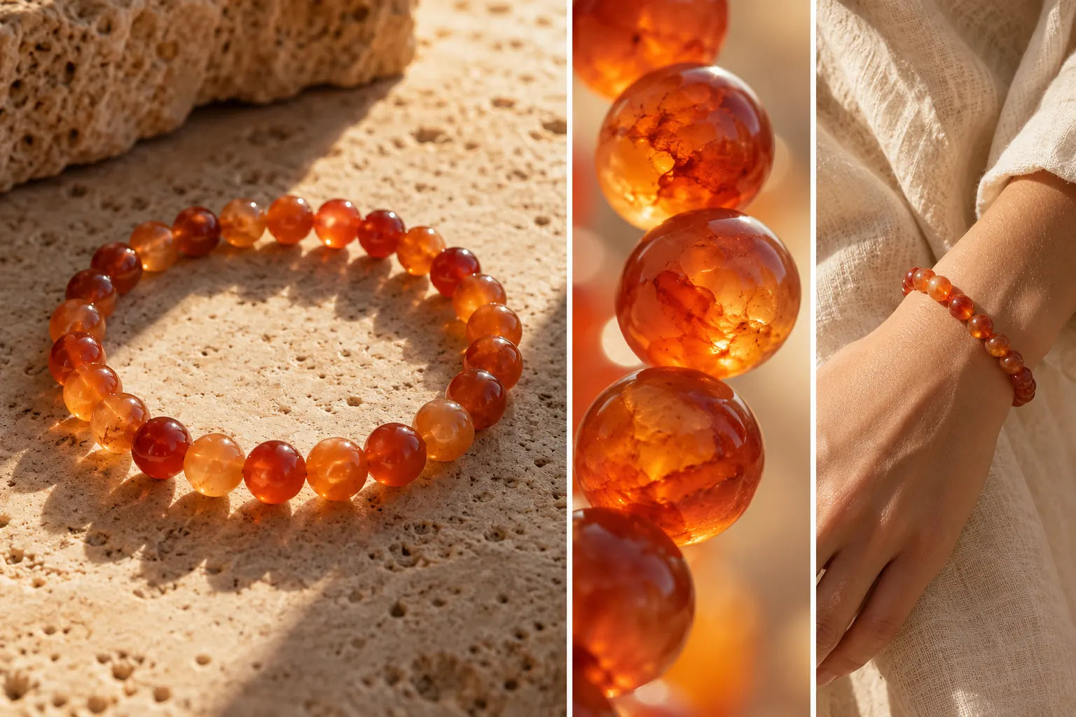 Orange Carnelian bracelet concept: luminous orange beads in sunlight and worn on a wrist