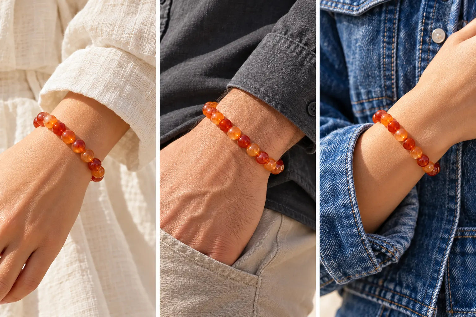 Three styling concepts: Orange Carnelian worn with ivory linen, charcoal cotton and blue denim