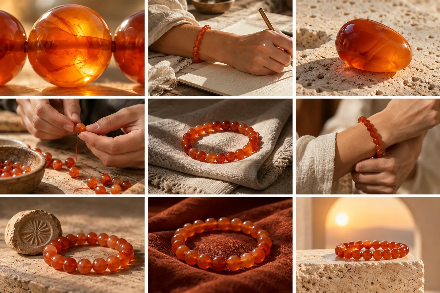 Concept macro view of luminous orange Carnelian beads in sunlight