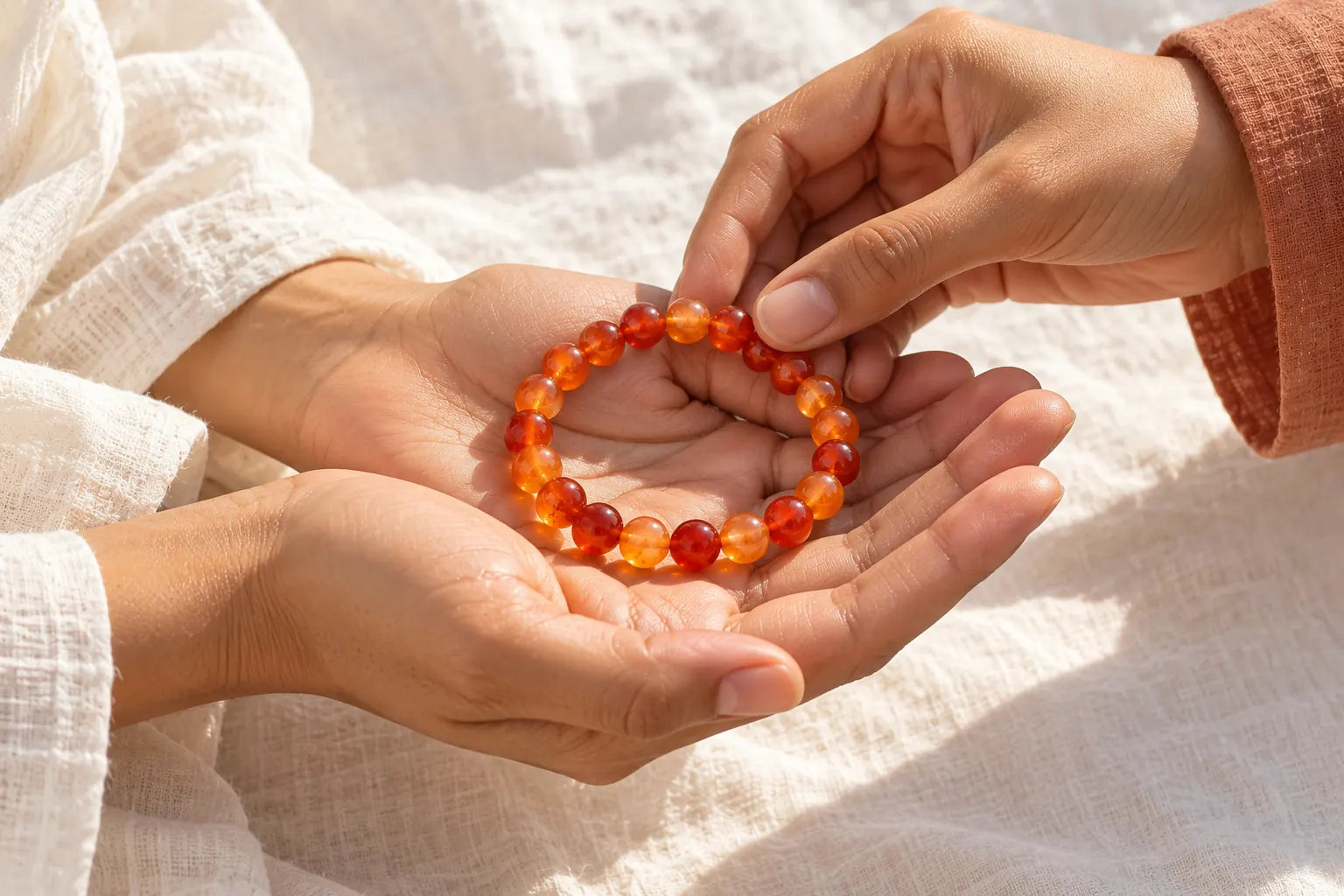 Concept gifting photograph of an orange Carnelian bracelet offered into open hands