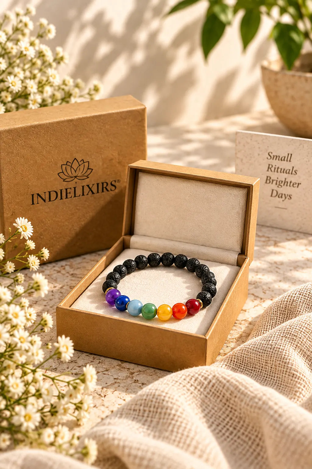 INDIELIXIRS Seven Chakra and Lava Bracelet in presentation packaging