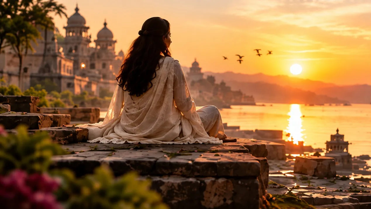 Woman seated quietly beside the water at sunset
