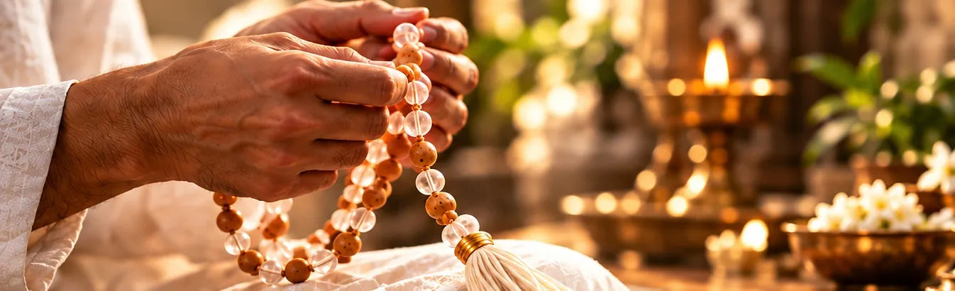 Hands moving through a Chandan and Crystal japa mala