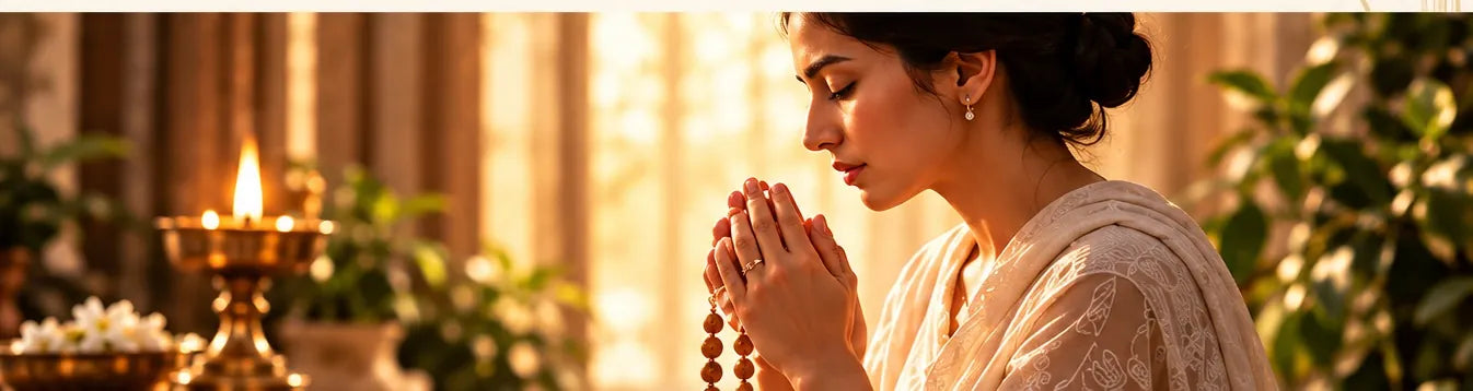Woman in quiet prayer holding a mala