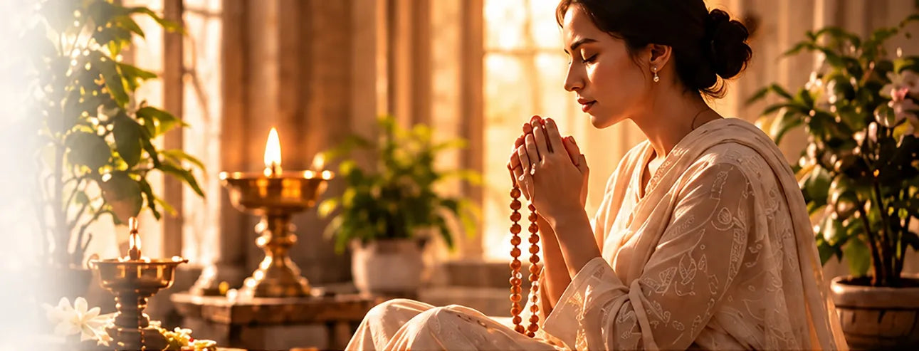 Woman in a warm devotional setting holding a mala