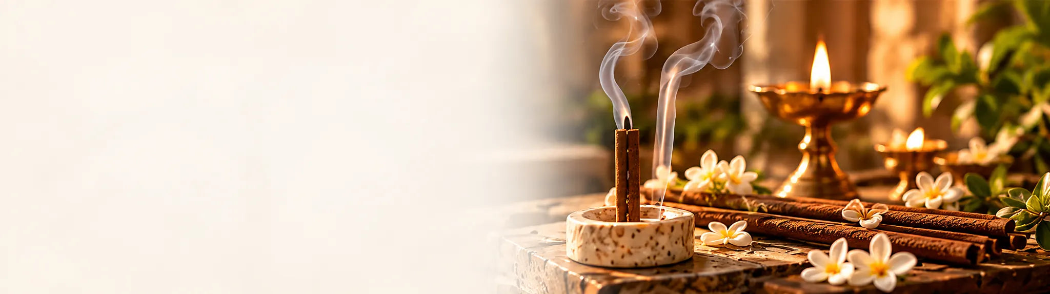 Chandan bambooless dhoop sticks, flowers and diyas in a warm ritual setting