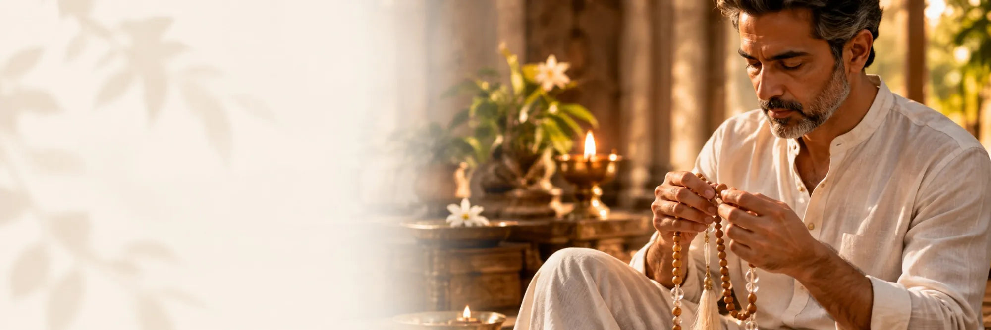 Man quietly using a Chandan and Crystal japa mala