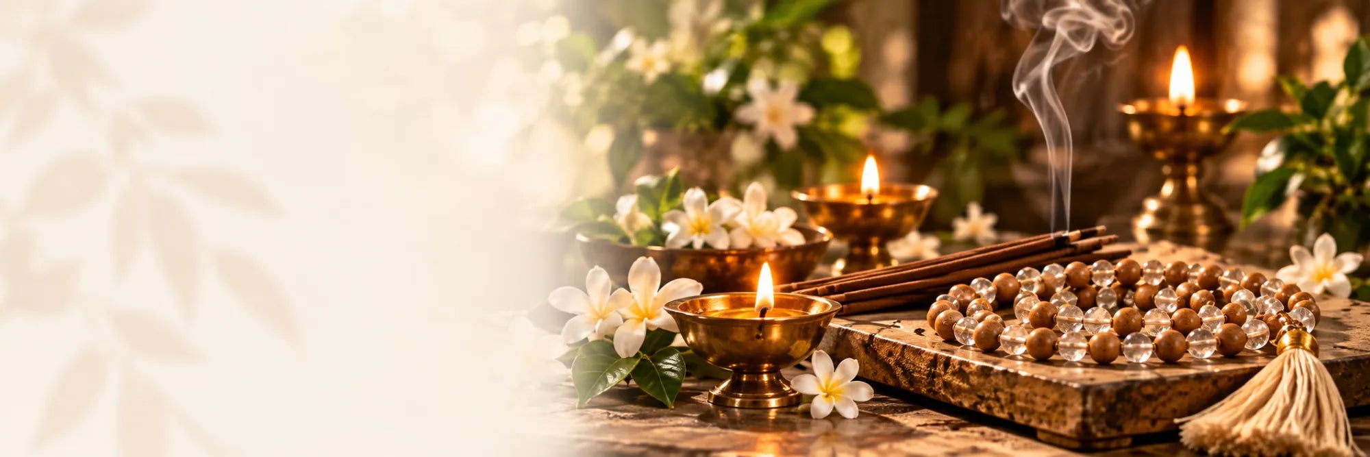 Chandan Crystal Japa Mala with Chandan bambooless dhoop, diyas and flowers