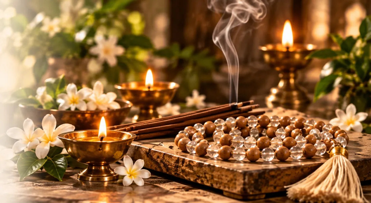Chandan Crystal Japa Mala beside Chandan dhoop, diyas and flowers