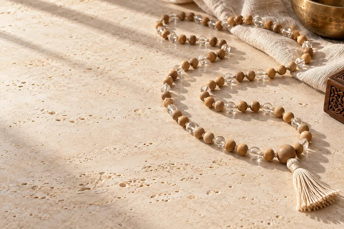 Long knotted chandan and crystal japa mala on ivory stone
