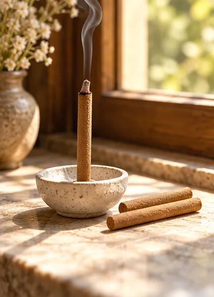 INDIELIXIRS Sandalwood Dhoop Stick releasing fragrance near a window