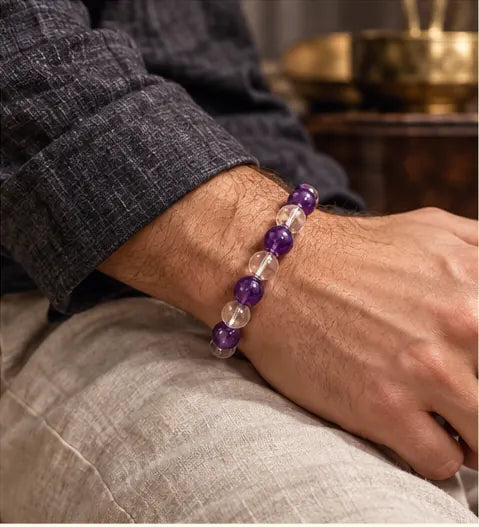 Man wearing the amethyst and crystal bracelet with charcoal linen sleeve