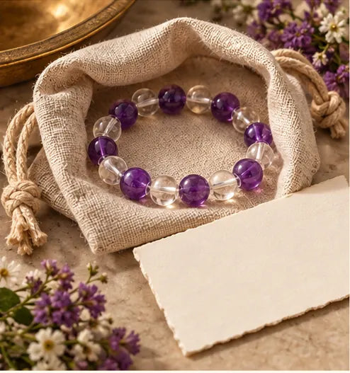 Amethyst and crystal bracelet arranged in a simple linen gift pouch