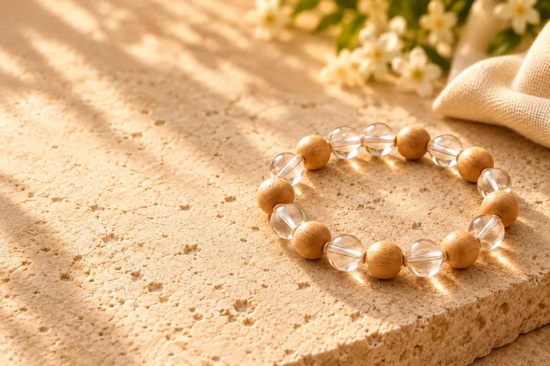 Chandan Crystal Bracelet on warm limestone