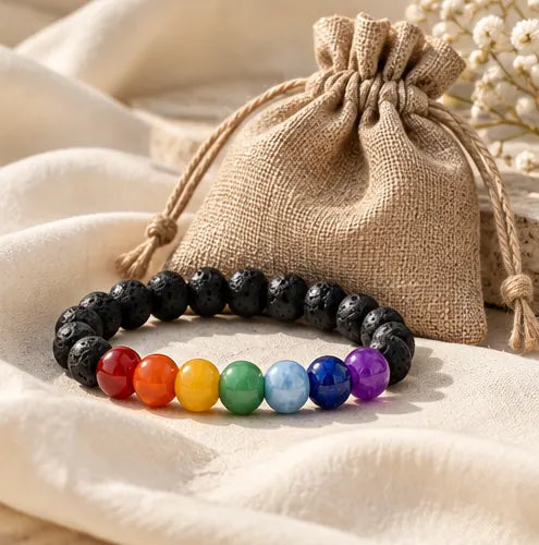 Seven colour and lava bracelet near a small jute gift pouch