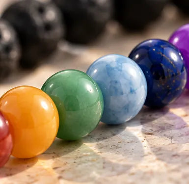 Close up of colourful beads from red through violet