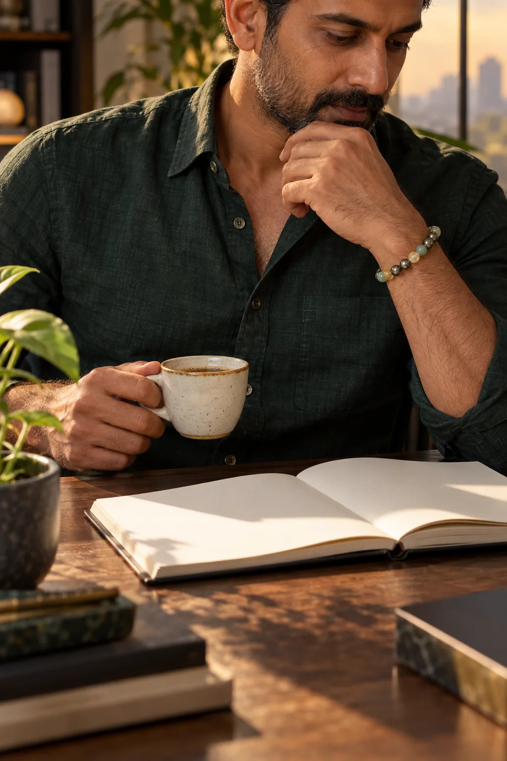 Man wearing a three-stone bracelet while thinking at his desk