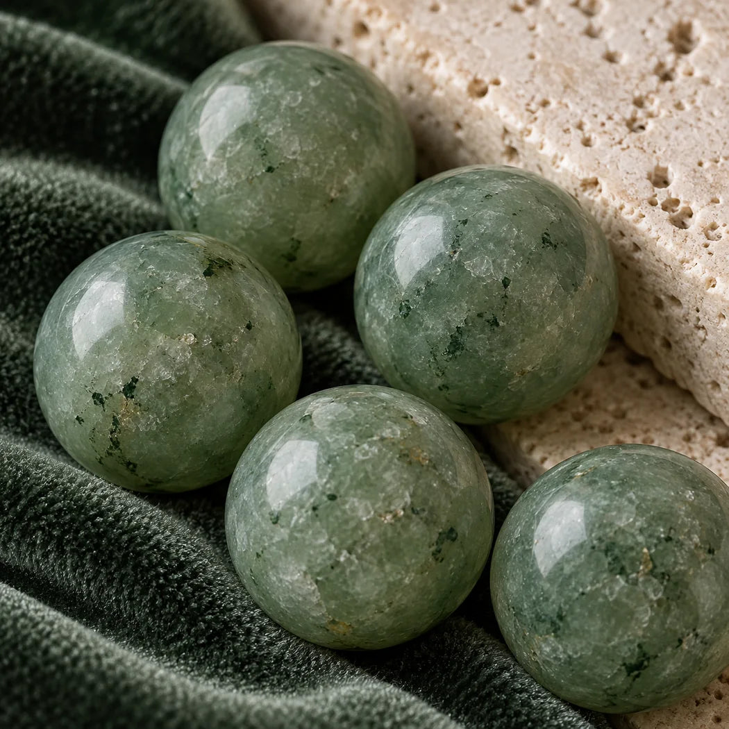 Extreme close-up of muted green aventurine beads on velvet and stone