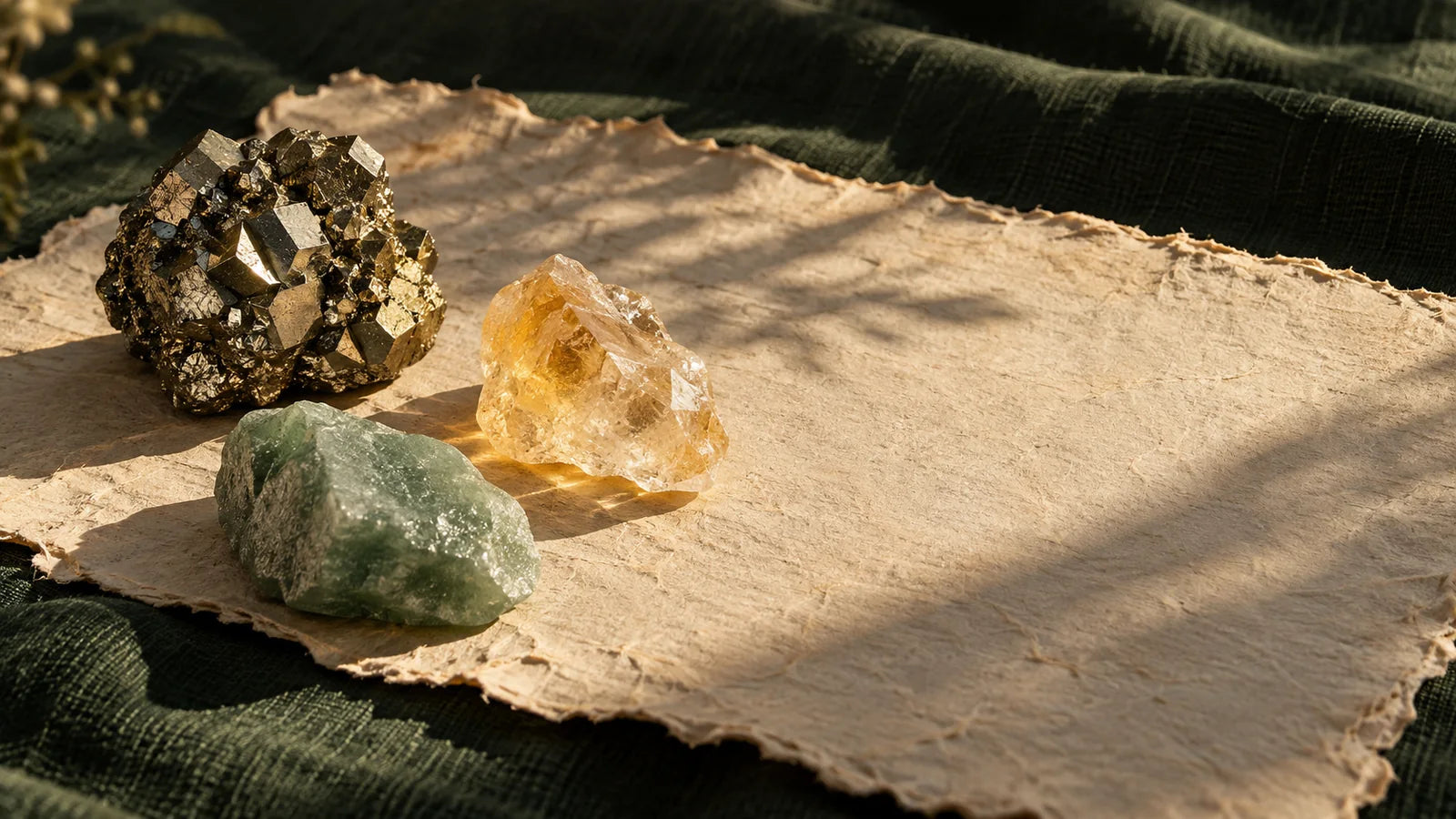 Raw mineral specimens of pyrite, citrine and green aventurine on paper and dark green linen