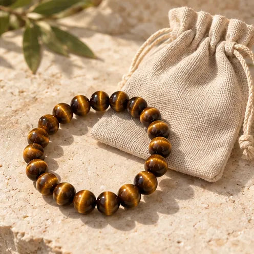Tiger Eye bracelet beside a linen pouch